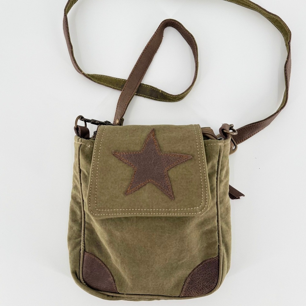 UNBRANDED Olive Green Canvas Leather Star Crossbody Bag Western Boho Purse